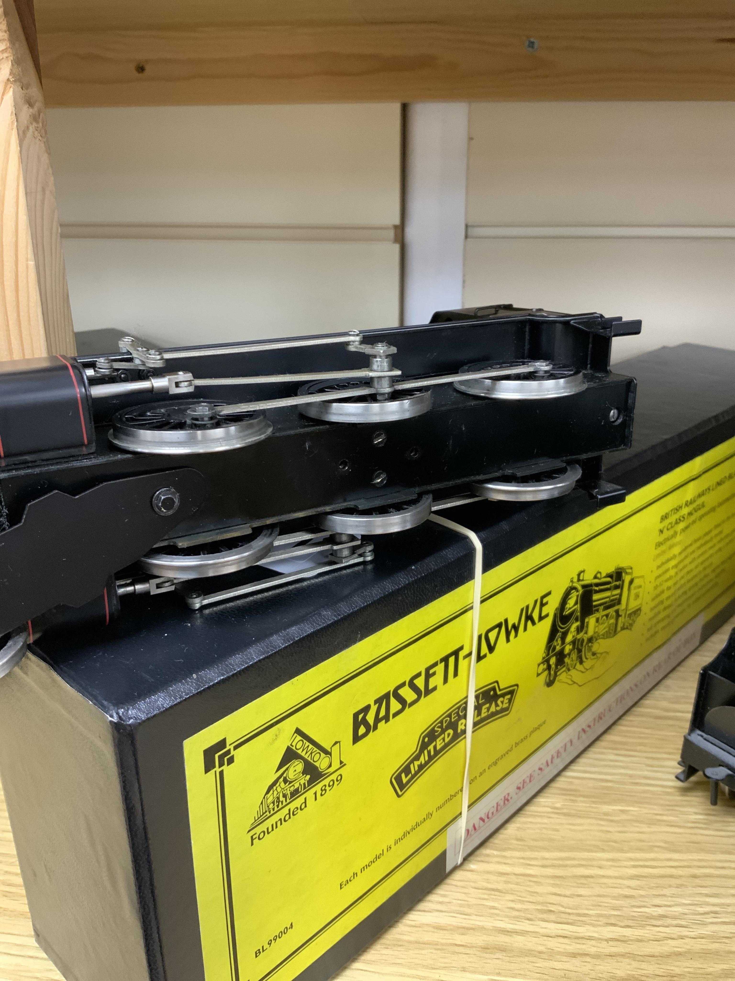 A boxed Bassett-Lowke by Corgi 0 gauge tinplate BR N class 2-6-0 tender locomotive, 31407, intended for two or three rail running (the pick ups for the centre rail and switch in the cab have been removed), (BL99004)